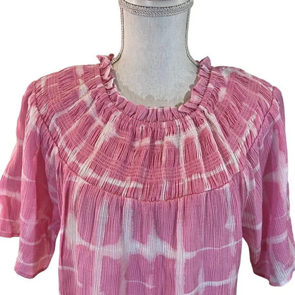Zac & Rachel Blouse XL Abstract Watercolor Pink Orange Smocked Ruffled Neckline - Picture 4 of 8